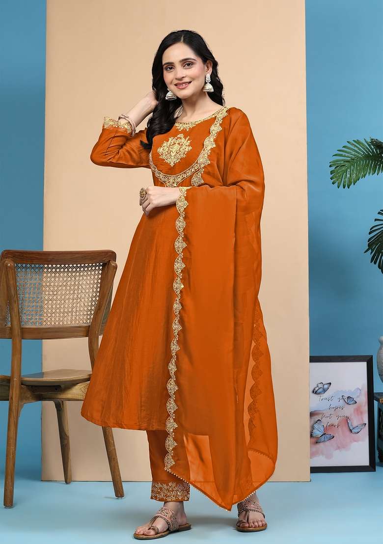 Orange Embroidered Silk Kurta Set - Indya