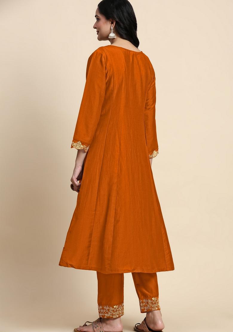 Orange Embroidered Silk Kurta Set