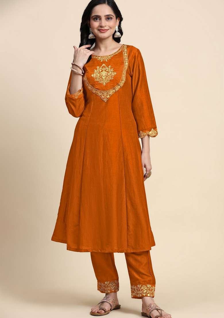 Orange Embroidered Silk Kurta Set - Indya