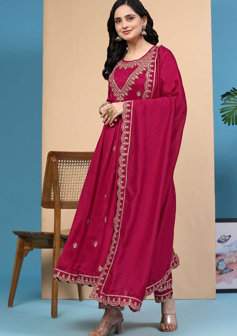 Pink Embroidered Silk Kurta Set - Indya