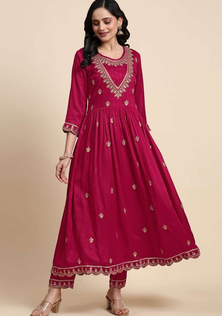 Pink Embroidered Silk Kurta Set - Indya