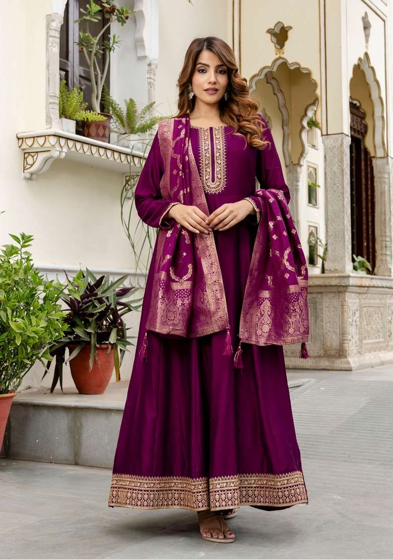 Purple Embroidered Silk Kurta Set - Indya