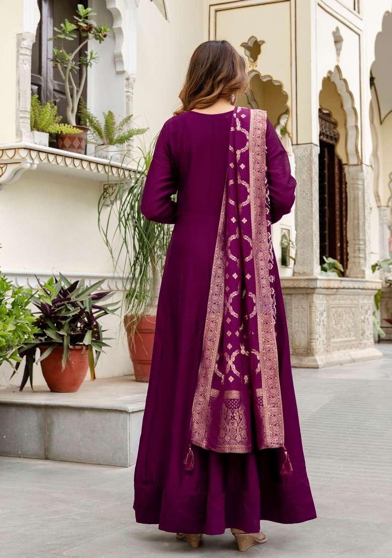 Purple Embroidered Silk Kurta Set - Indya