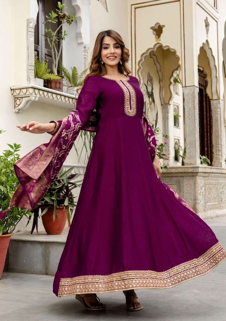 Purple Embroidered Silk Kurta Set - Indya