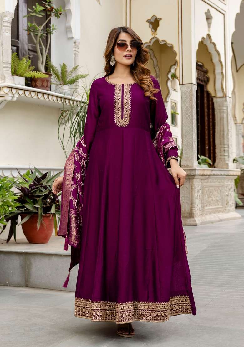Purple Embroidered Silk Kurta Set - Indya