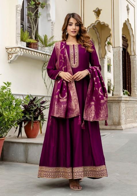 Purple Embroidered Silk Kurta Set