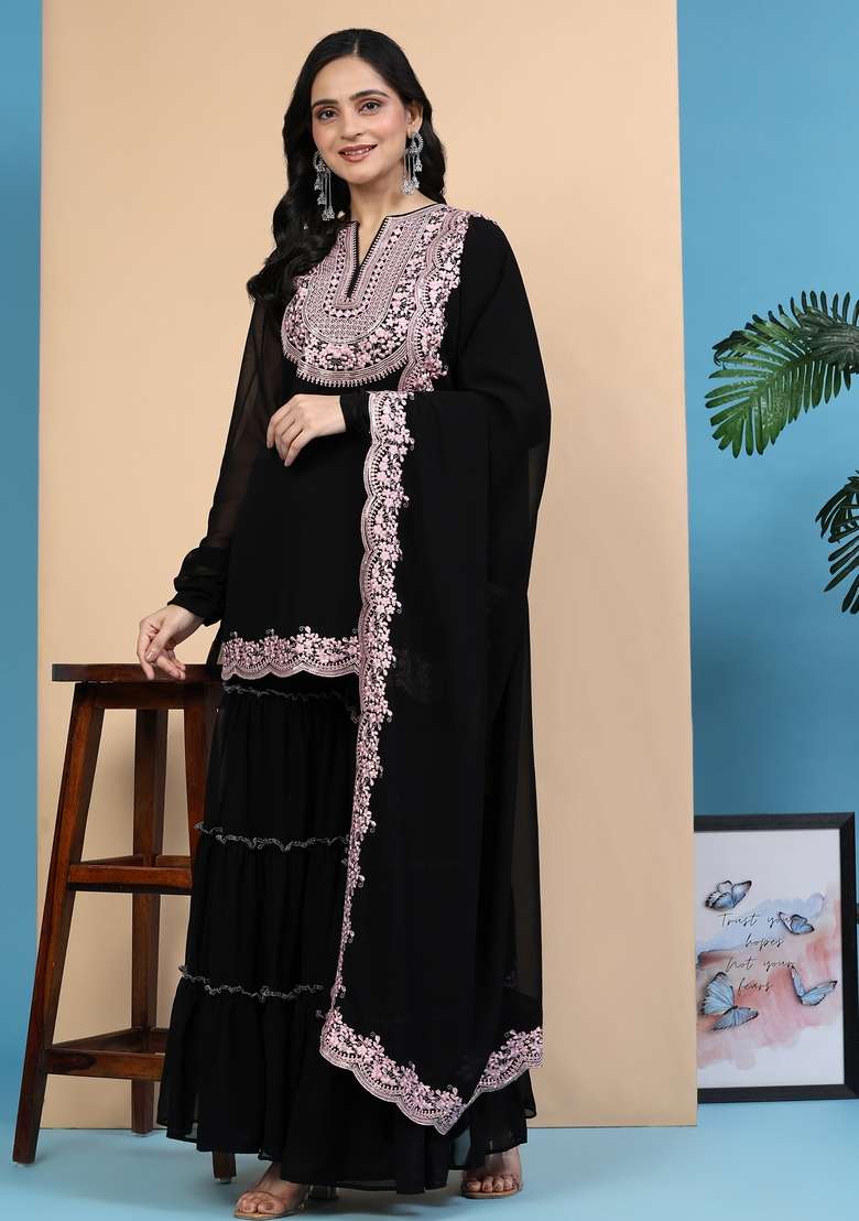Black Embroidered Georgette Kurta Set - Indya