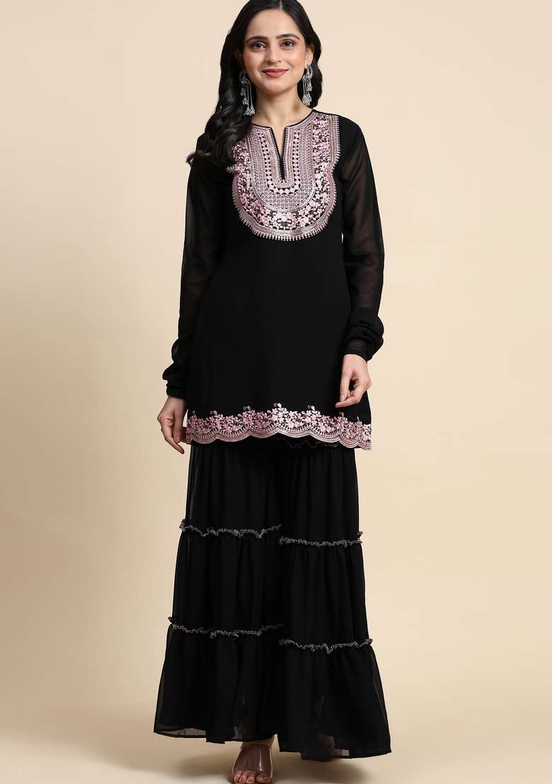 Black Embroidered Georgette Kurta Set - Indya
