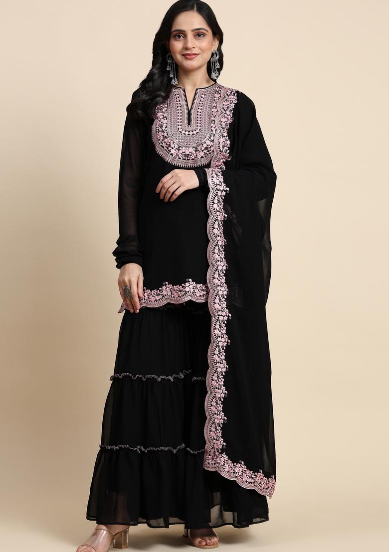 Black Embroidered Georgette Kurta Set