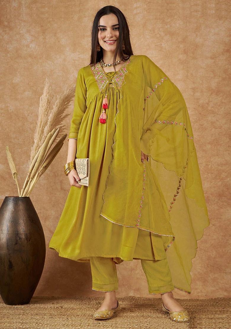Yellow Embroidered Silk Kurta Set