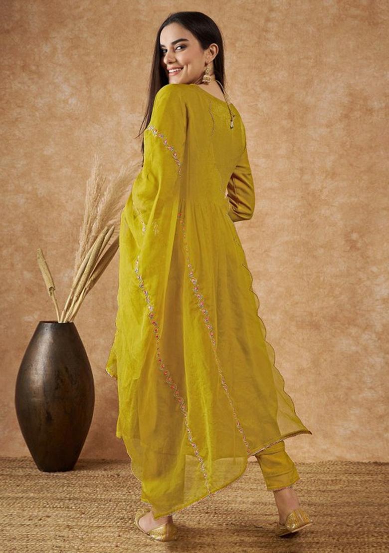 Yellow Embroidered Silk Kurta Set