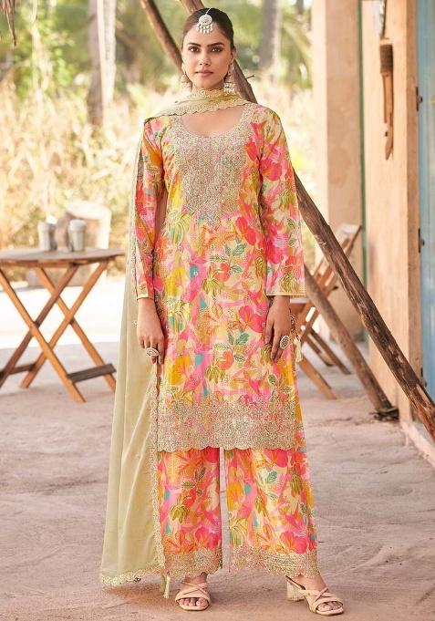 Cream Embroidered Silk Plazoo Set With Dupatta