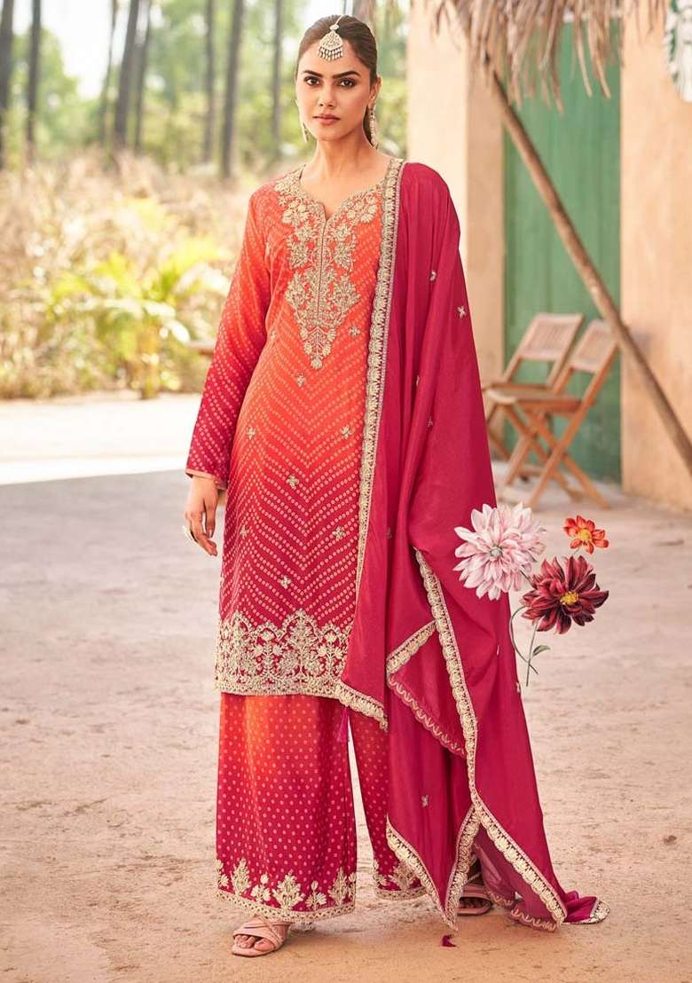 Red Embroidered Silk Plazoo Set With Dupatta - Indya
