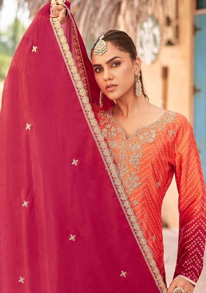 Red Embroidered Silk Plazoo Set With Dupatta - Indya