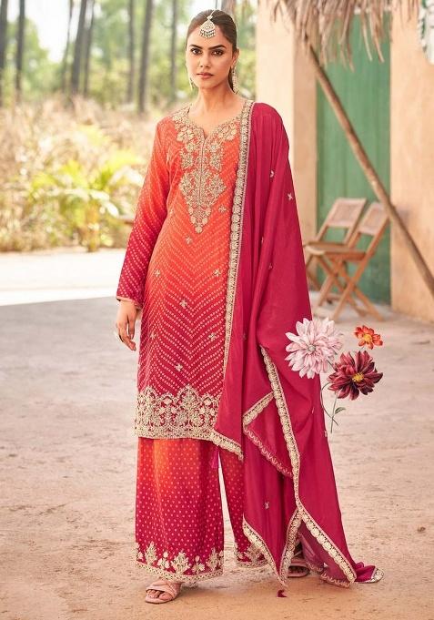 Red Embroidered Silk Plazoo Set With Dupatta