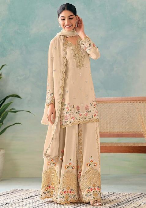 Cream Embroidered Silk Plazoo Set With Dupatta