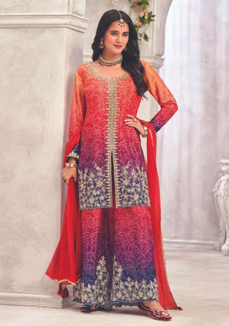 Red Embroidered Silk Plazoo Set With Dupatta - Indya