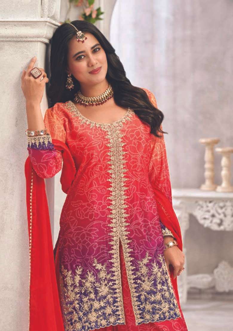 Red Embroidered Silk Plazoo Set With Dupatta - Indya