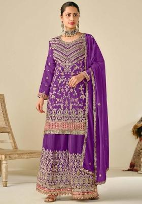 Violet Embroidered Silk Plazoo Set With Dupatta