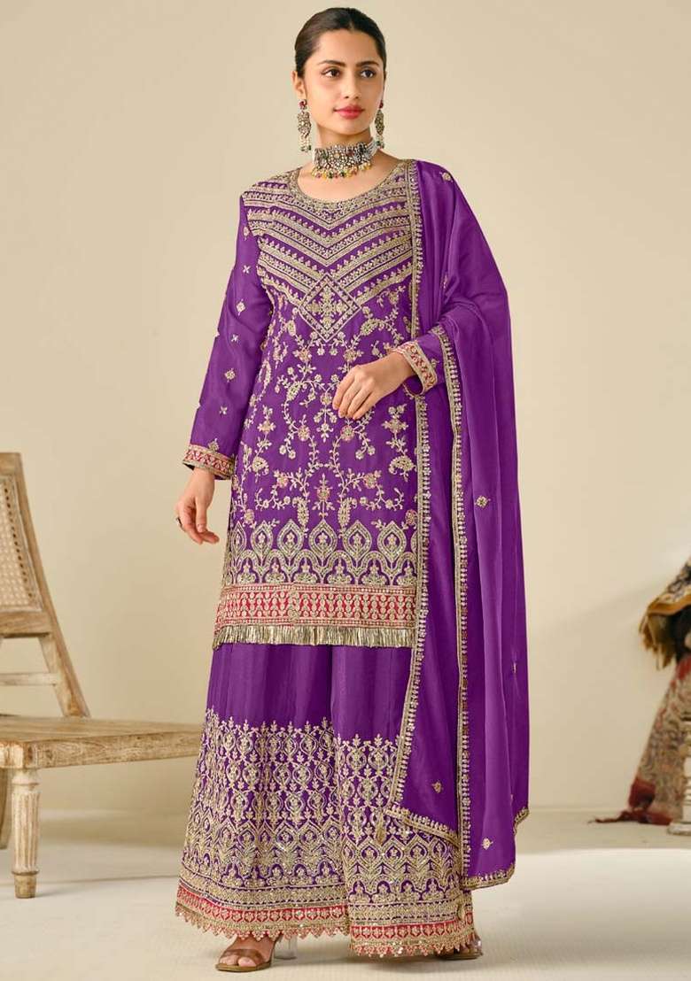 Violet Embroidered Silk Plazoo Set With Dupatta - Indya
