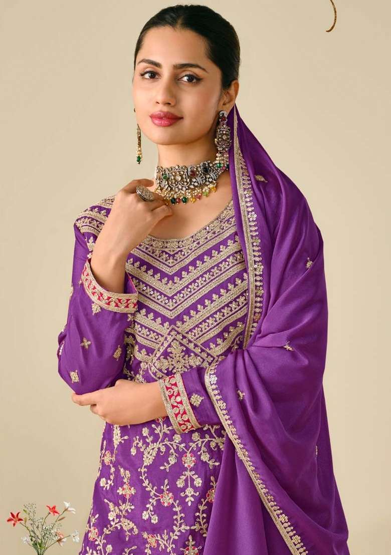 Violet Embroidered Silk Plazoo Set With Dupatta - Indya