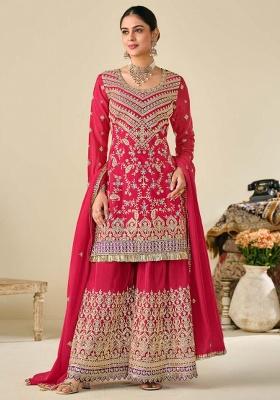 Red Embroidered Silk Plazoo Set With Dupatta