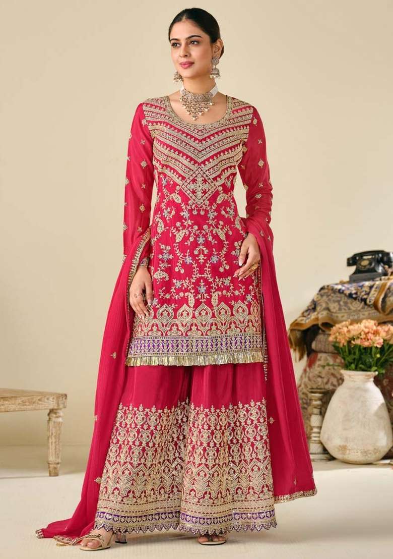 Red Embroidered Silk Plazoo Set With Dupatta - Indya