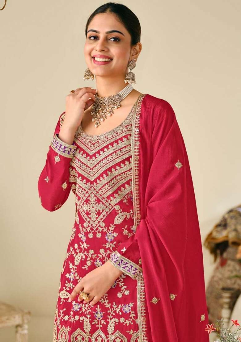 Red Embroidered Silk Plazoo Set With Dupatta - Indya