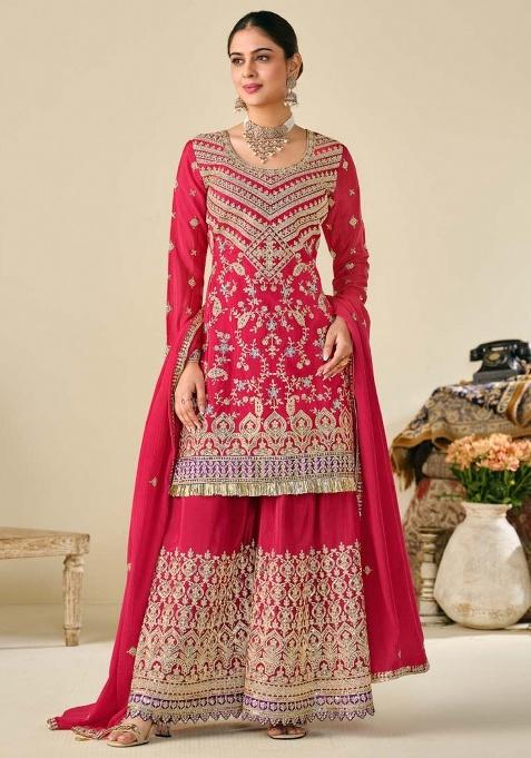 Red Embroidered Silk Plazoo Set With Dupatta