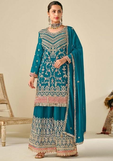 Turquoise Embroidered Silk Plazoo Set With Dupatta