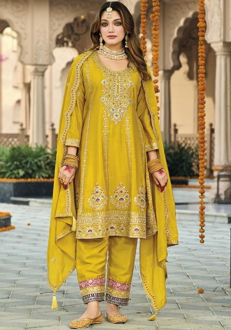Yellow Embroidered Silk Plazoo Set With Dupatta