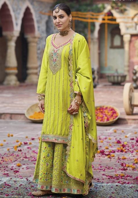 Lime Embroidered Silk Plazoo Set With Dupatta