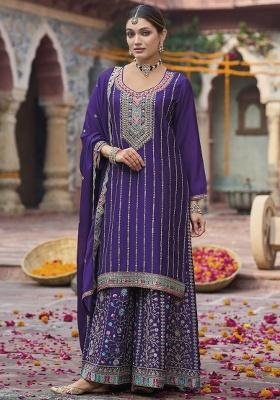 Violet Embroidered Silk Plazoo Set With Dupatta