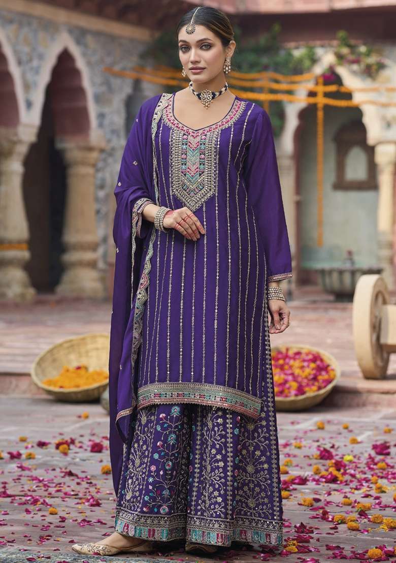 Violet Embroidered Silk Plazoo Set With Dupatta - Indya