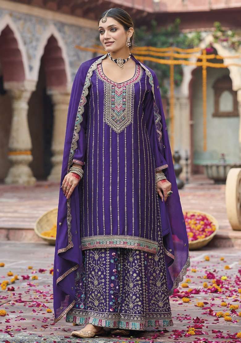 Violet Embroidered Silk Plazoo Set With Dupatta - Indya