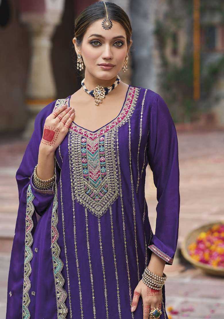 Violet Embroidered Silk Plazoo Set With Dupatta - Indya
