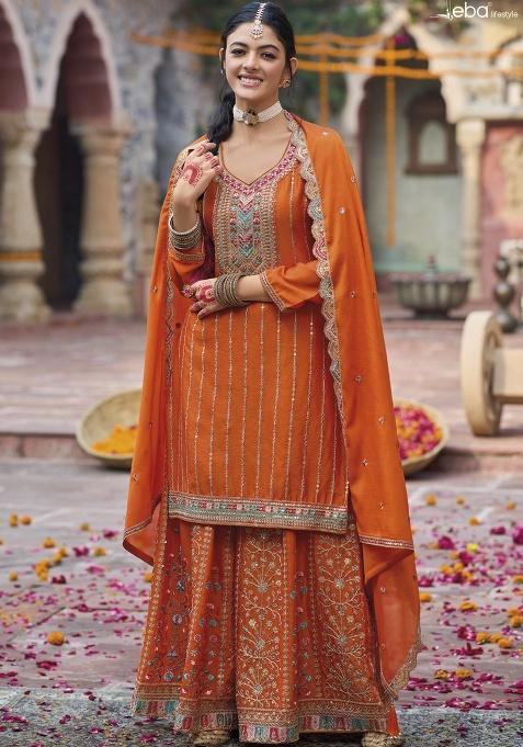 Orange Embroidered Silk Plazoo Set With Dupatta