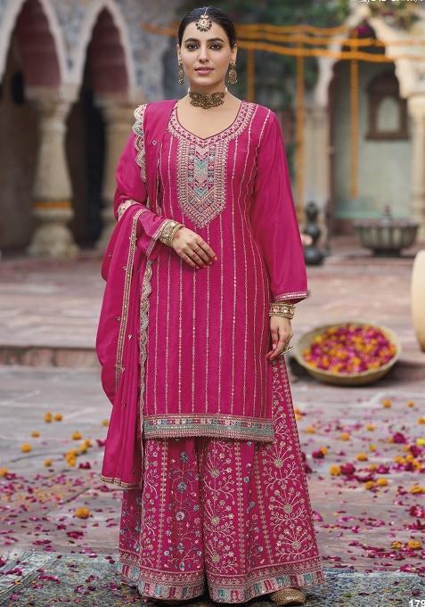 Pink Embroidered Silk Plazoo Set With Dupatta