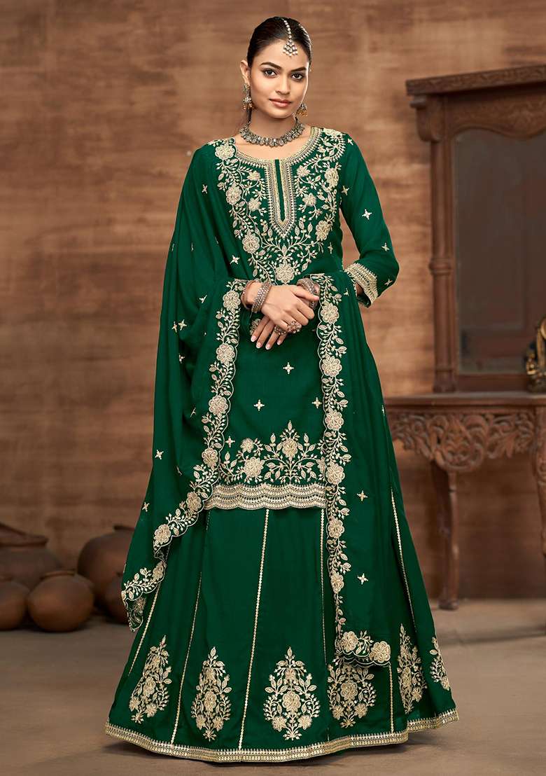 Dark Green Embroidered Silk Blend Sharara Set - Indya