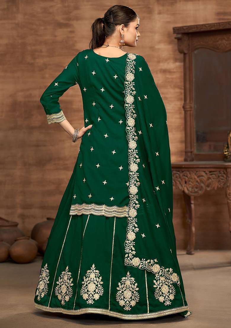 Dark Green Embroidered Silk Blend Sharara Set - Indya