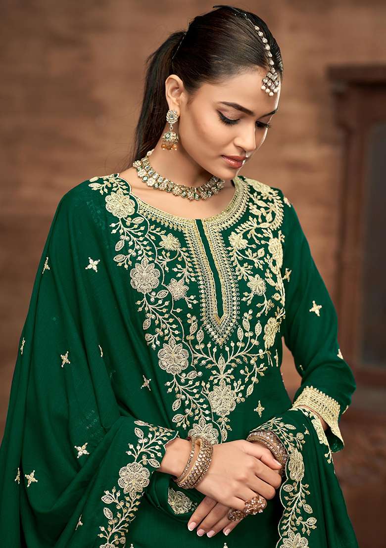 Dark Green Embroidered Silk Blend Sharara Set - Indya