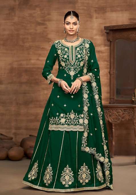 Dark Green Embroidered Silk Blend Sharara Set