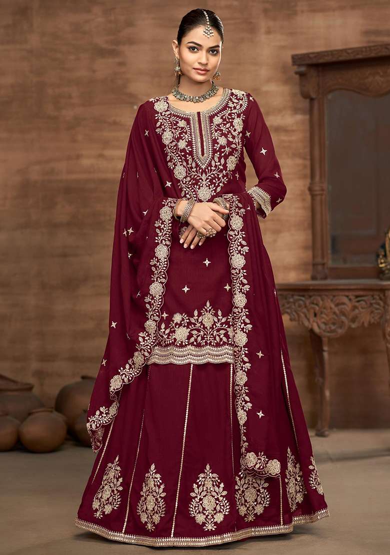 Maroon Embroidered Silk Blend Sharara Set - Indya