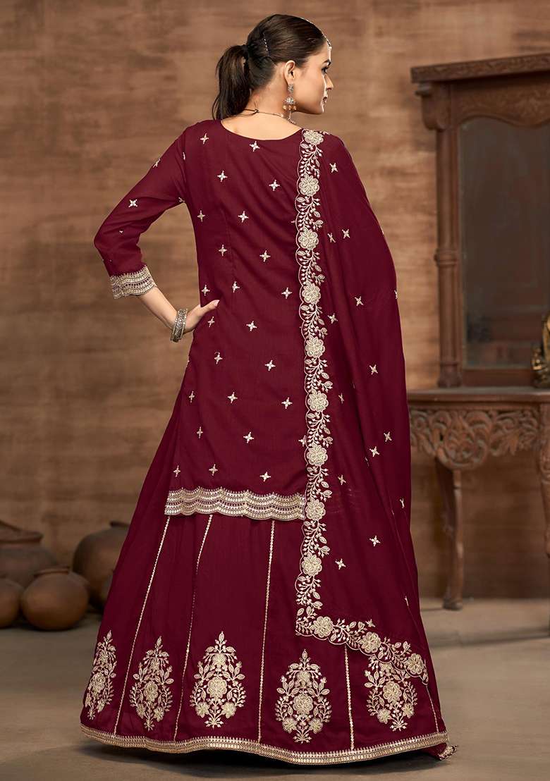 Maroon Embroidered Silk Blend Sharara Set - Indya