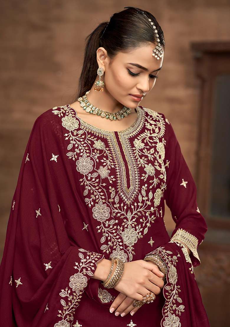 Maroon Embroidered Silk Blend Sharara Set - Indya