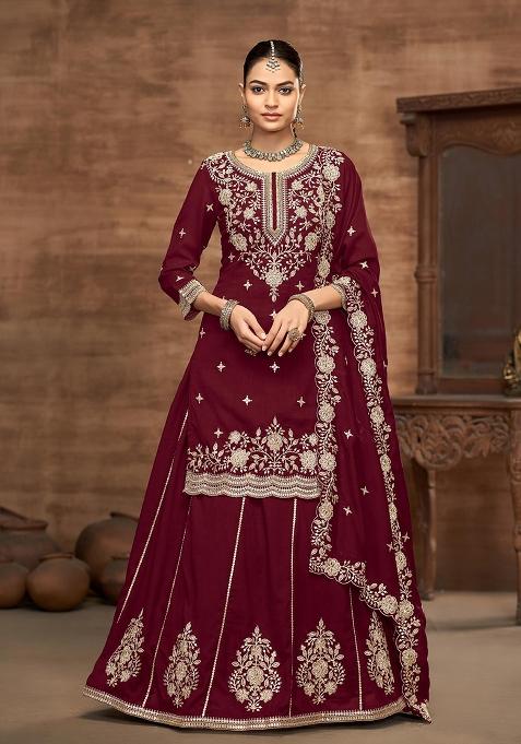 Maroon Embroidered Silk Sharara Set — view on Indya