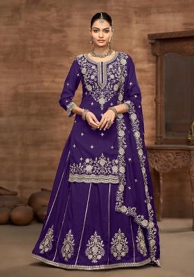 Violet Embroidered Silk Blend Sharara Set
