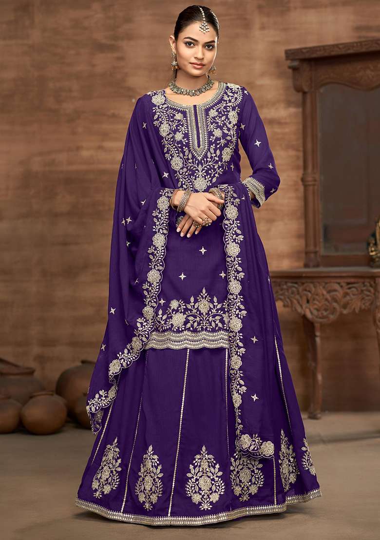 Violet Embroidered Silk Blend Sharara Set - Indya