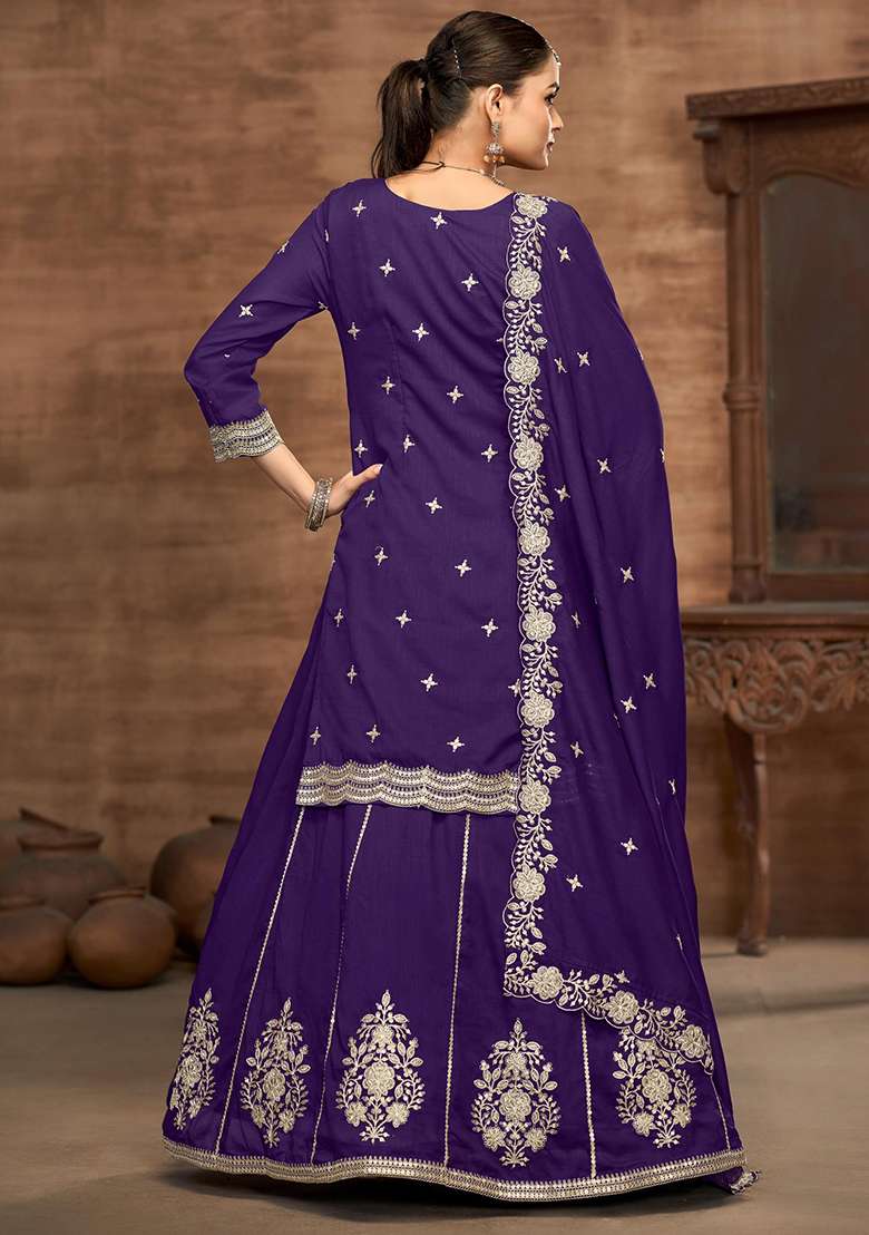 Violet Embroidered Silk Blend Sharara Set - Indya