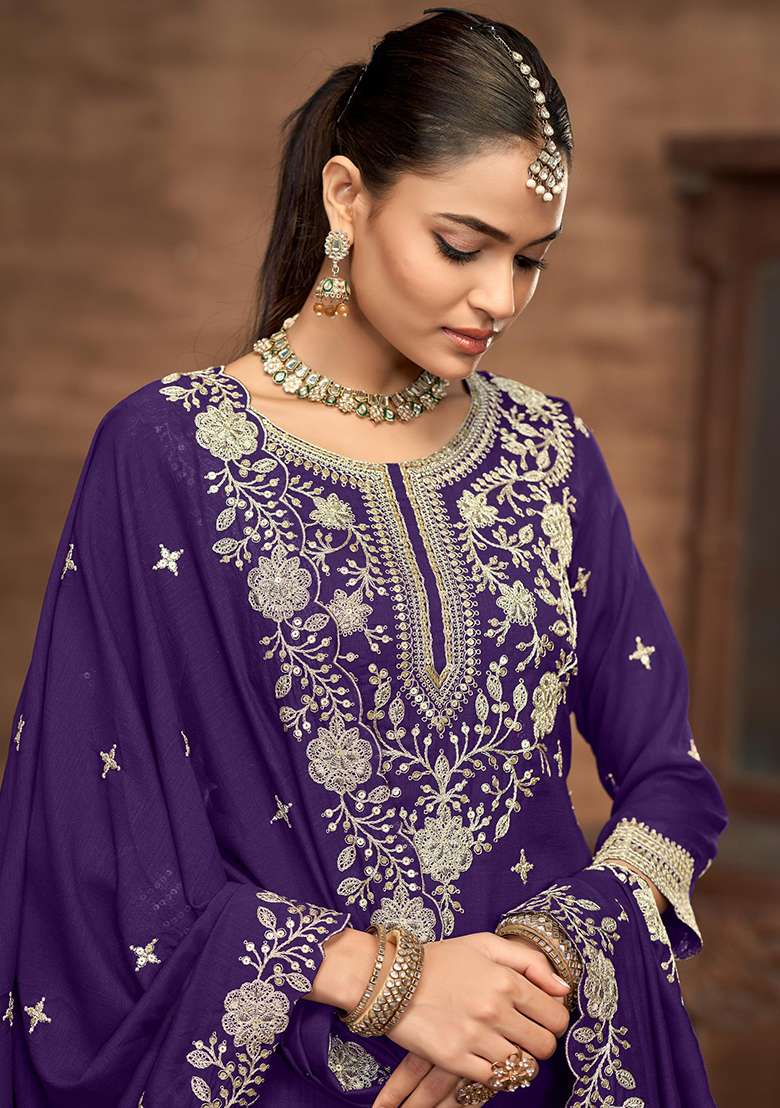 Violet Embroidered Silk Blend Sharara Set - Indya
